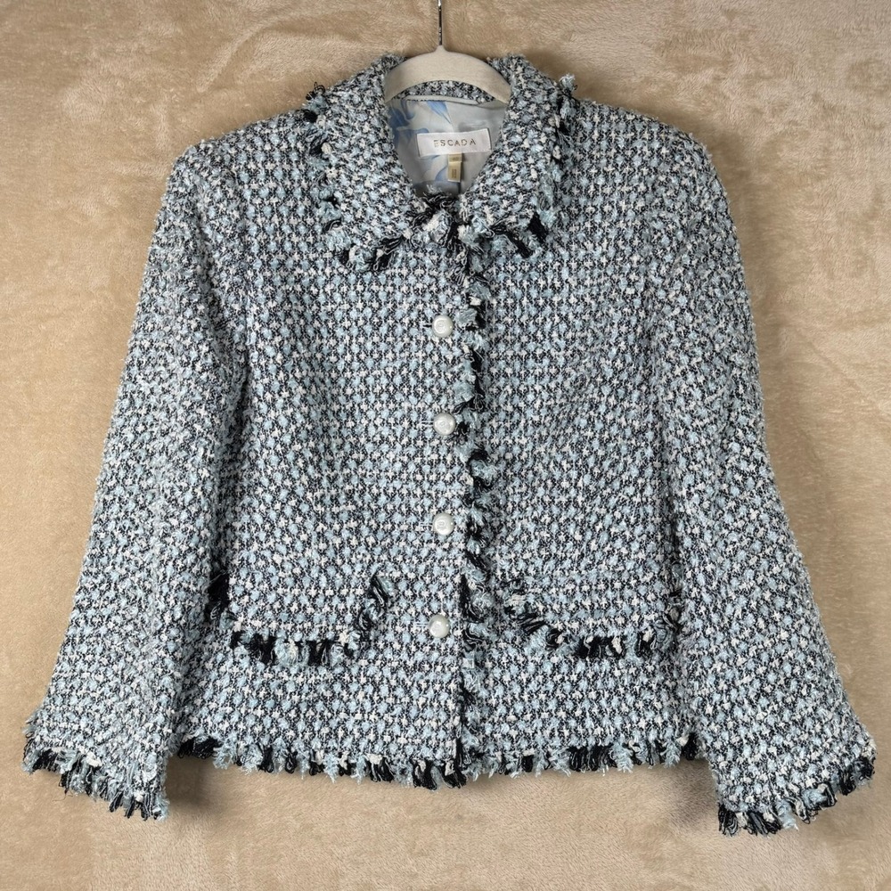 Vintage Escada Size 40 Light Blue Black White Tweed Fringe Silk Lined Jacket